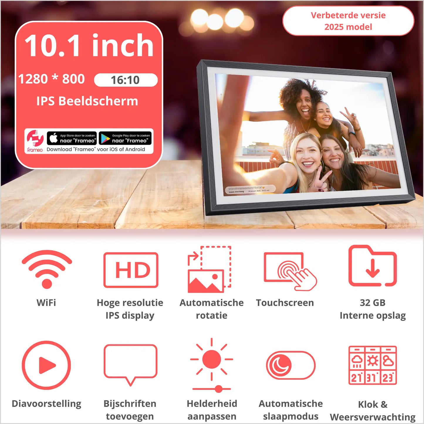 Digitale Fotolijst met WiFi, Frameo App en IPS Touchscreen HD - 10.1 inch, 32GB Frameo Digitaal Fotolijstje Fotokader - Zwart