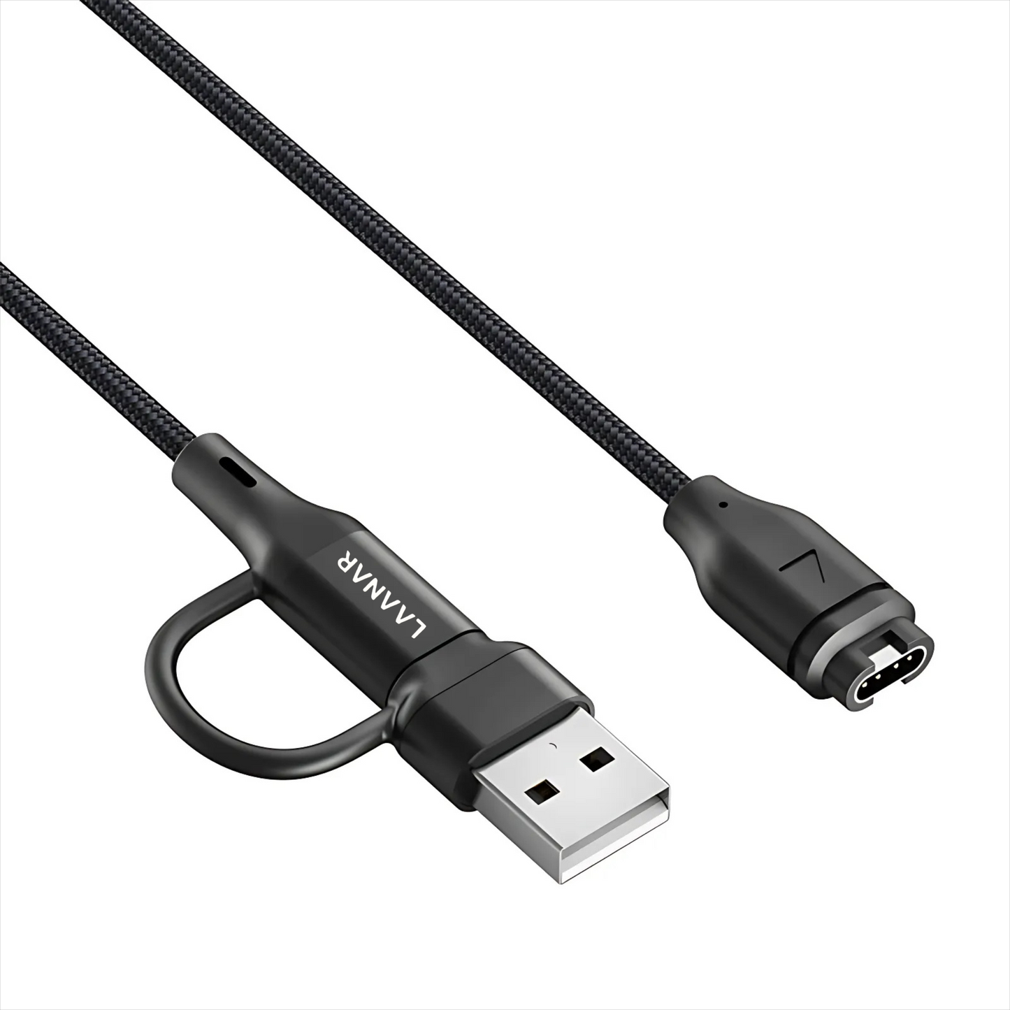 LAANAR® Oplaadkabel voor Garmin Instinct / Forerunner / Vivoactive / Venu / Fenix / Enduro / Tactix / Quatix / Approach / Vivosmart / Vivosport / Swim / D2 Watch - Gevlochten Nylon 1 meter - Zwart Aluminium