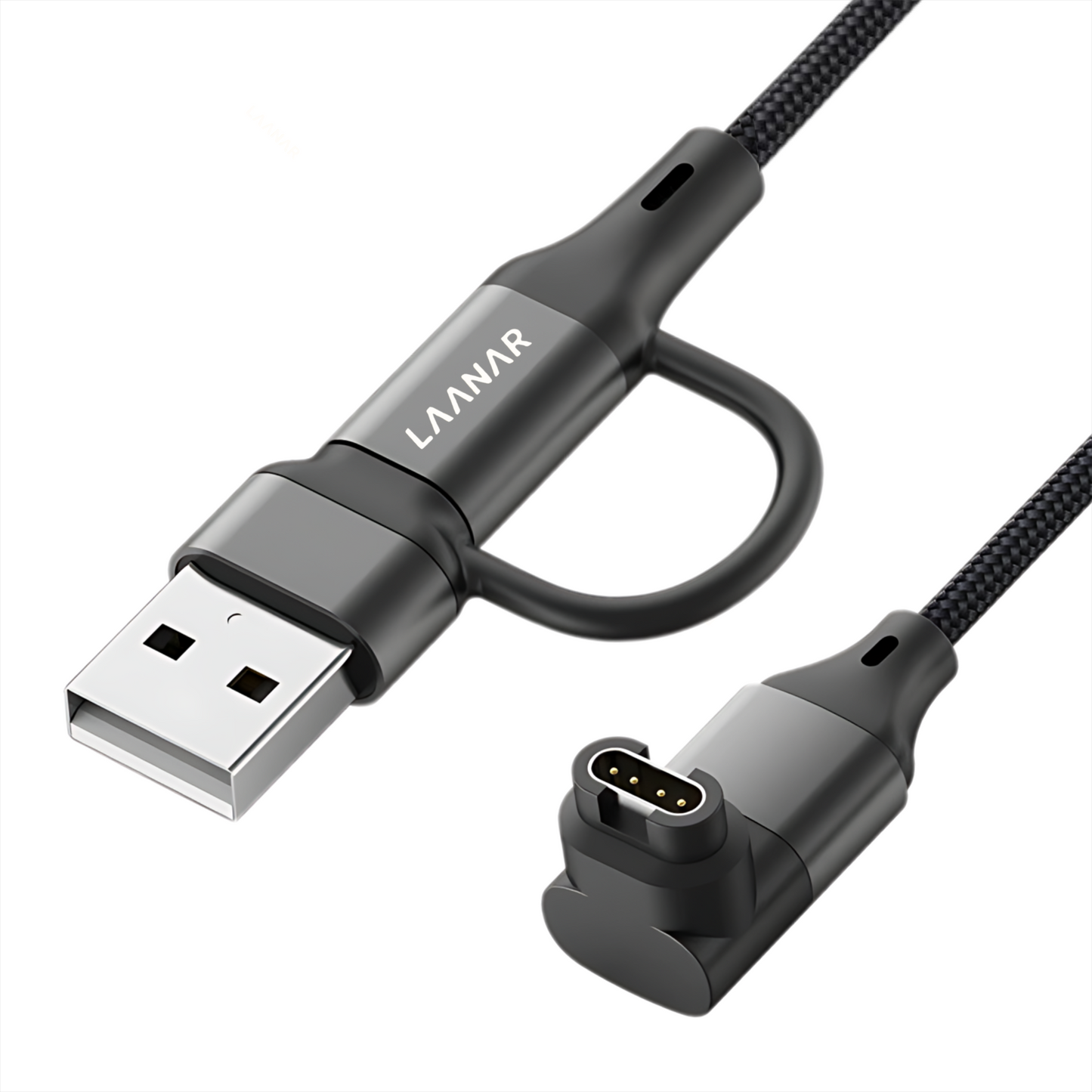 LAANAR® Oplaadkabel voor Garmin Instinct / Forerunner / Vivoactive / Venu / Fenix / Enduro  / Tactix / Quatix / Approach / Vivosmart / Vivosport / Swim / D2 Watch - Gevlochten Nylon 1 meter - Zwart Aluminium - L-vorm 90 Graden Hoek