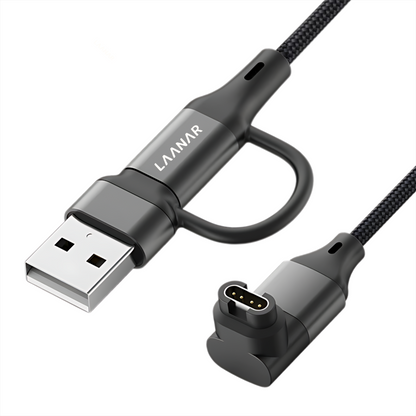 LAANAR® Oplaadkabel voor Garmin Instinct / Forerunner / Vivoactive / Venu / Fenix / Enduro  / Tactix / Quatix / Approach / Vivosmart / Vivosport / Swim / D2 Watch - Gevlochten Nylon 1 meter - Zwart Aluminium - L-vorm 90 Graden Hoek