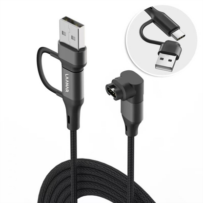 LAANAR® Oplaadkabel voor Garmin Instinct / Forerunner / Vivoactive / Venu / Fenix / Enduro  / Tactix / Quatix / Approach / Vivosmart / Vivosport / Swim / D2 Watch - Gevlochten Nylon 1 meter - Zwart Aluminium - L-vorm 90 Graden Hoek