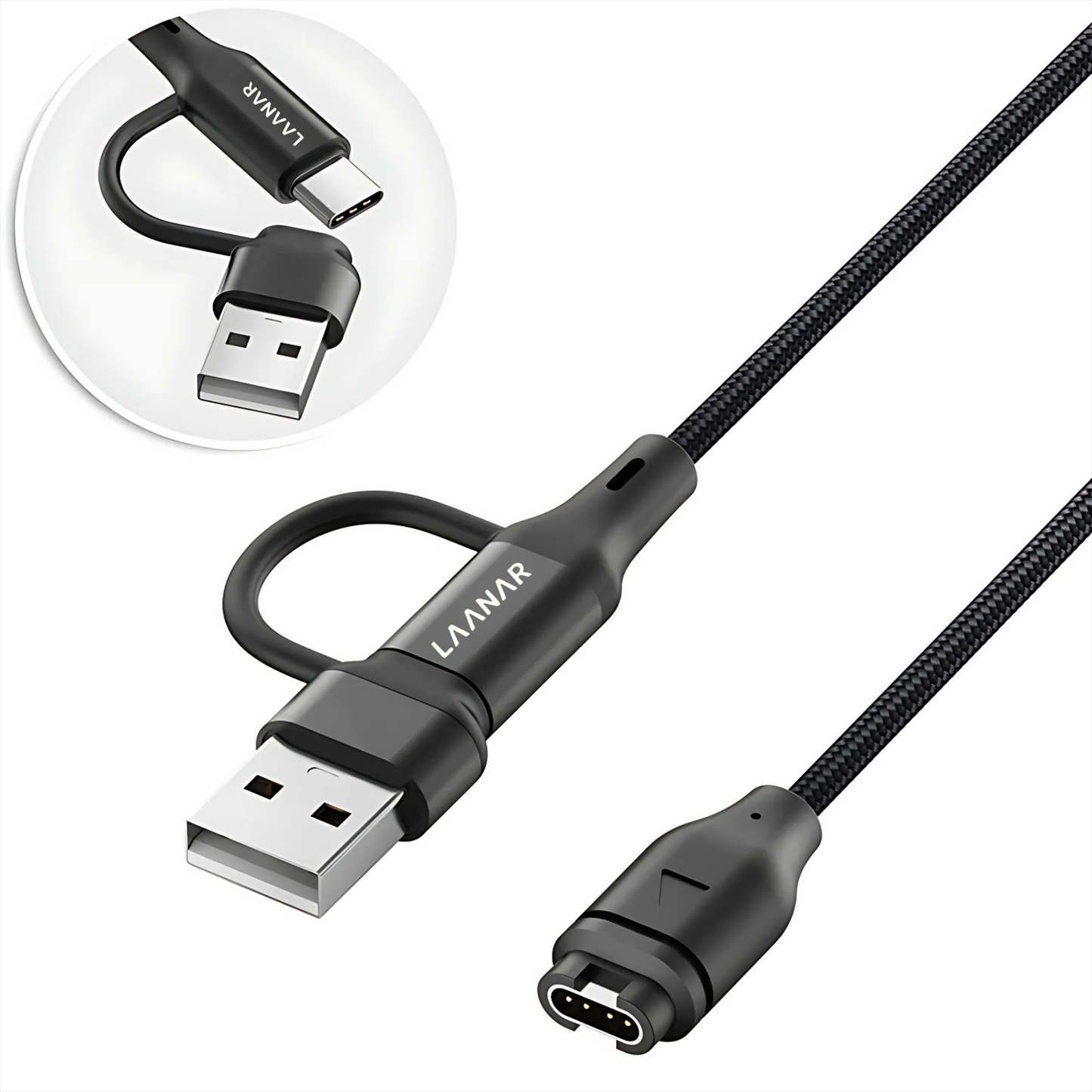 LAANAR® Oplaadkabel voor Garmin Instinct / Forerunner / Vivoactive / Venu / Fenix / Enduro  / Tactix / Quatix / Approach / Vivosmart / Vivosport / Swim / D2 Watch - Gevlochten Nylon 1 meter - Zwart Aluminium