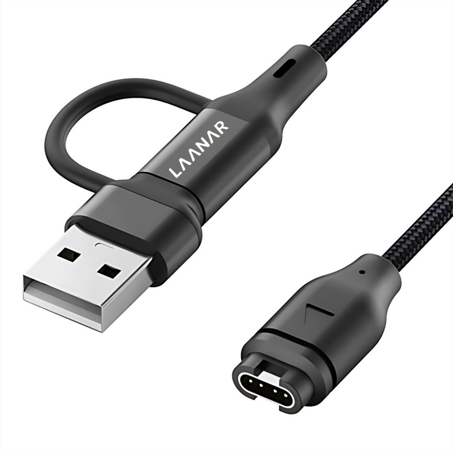 LAANAR® Oplaadkabel voor Garmin Instinct / Forerunner / Vivoactive / Venu / Fenix / Enduro  / Tactix / Quatix / Approach / Vivosmart / Vivosport / Swim / D2 Watch - Gevlochten Nylon 1 meter - Zwart Aluminium