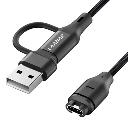 LAANAR® Oplaadkabel voor Garmin Instinct / Forerunner / Vivoactive / Venu / Fenix / Enduro  / Tactix / Quatix / Approach / Vivosmart / Vivosport / Swim / D2 Watch - Gevlochten Nylon 1 meter - Zwart Aluminium