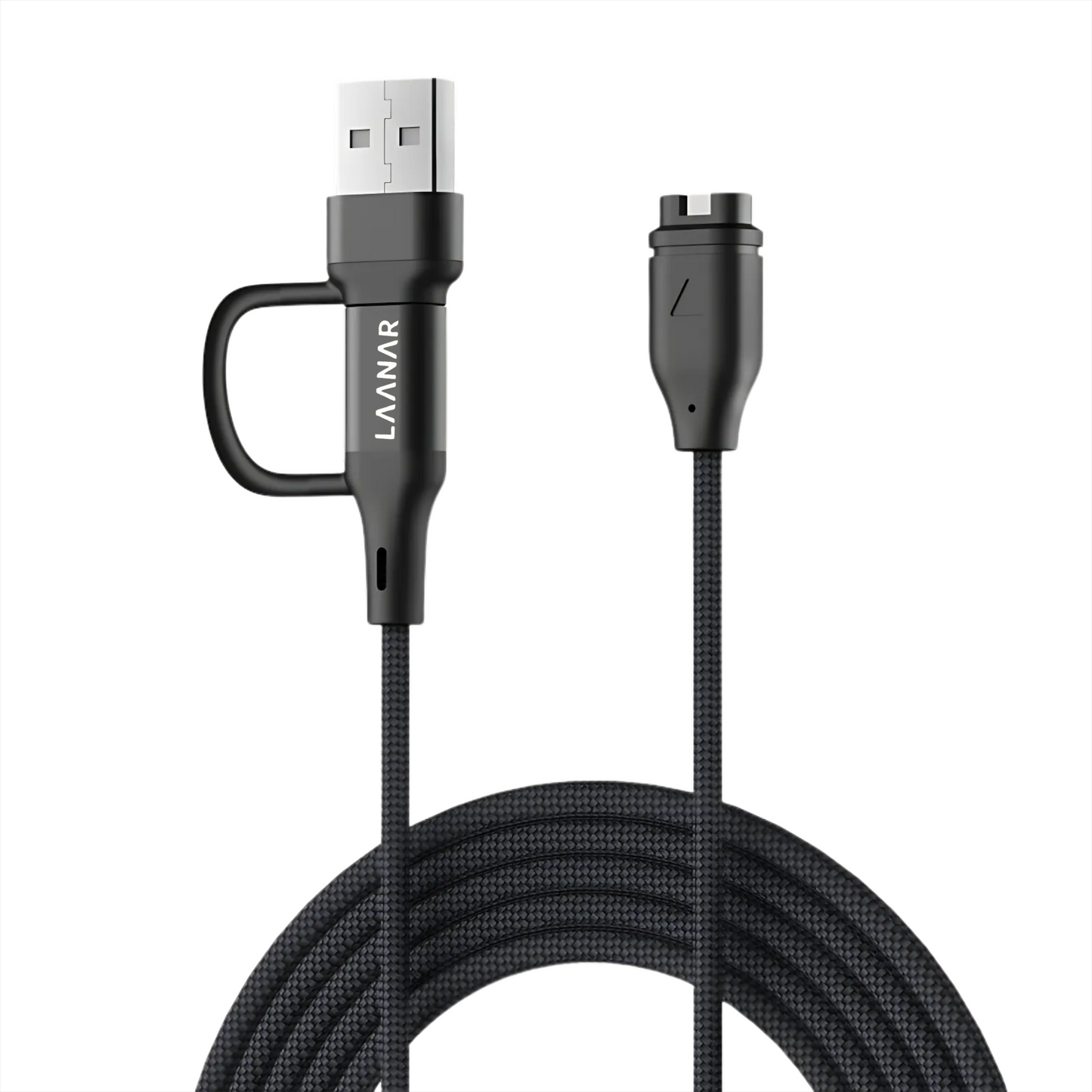 LAANAR® Oplaadkabel voor Garmin Instinct / Forerunner / Vivoactive / Venu / Fenix / Enduro  / Tactix / Quatix / Approach / Vivosmart / Vivosport / Swim / D2 Watch - Gevlochten Nylon 1 meter - Zwart Aluminium